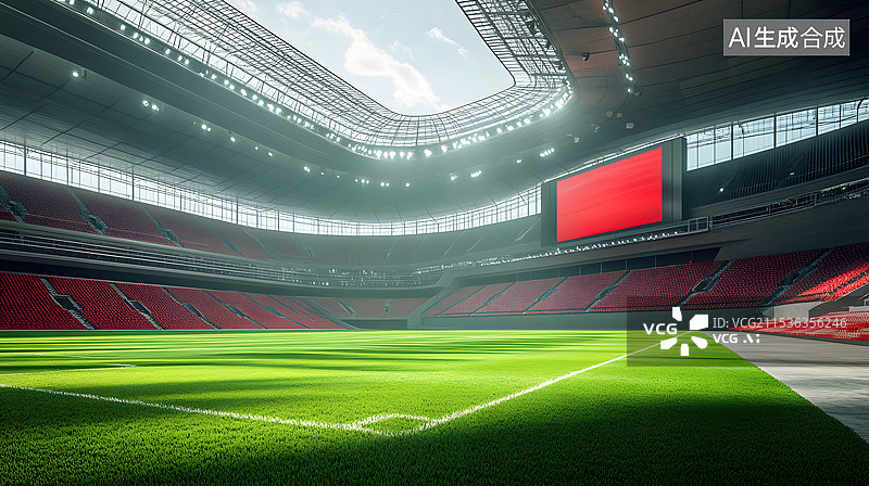 【AI数字艺术】空旷的足球体育场，低视角绿茵草坪特写图片素材