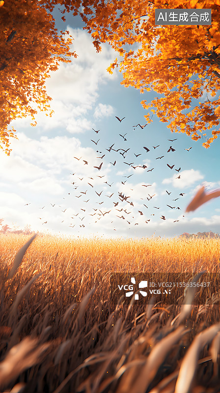 【AI数字艺术】秋天日落时金黄的麦田与天空中飞翔的鸟儿图片素材