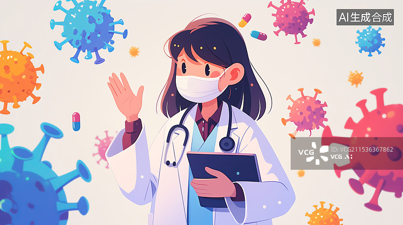 【AI数字艺术】女医生和病菌医疗卡通插画图片素材
