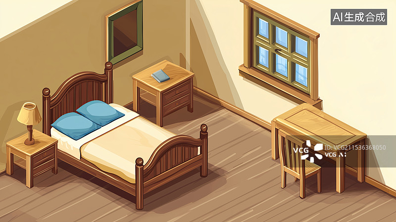【AI数字艺术】室内现代简约卧室床插画图片素材