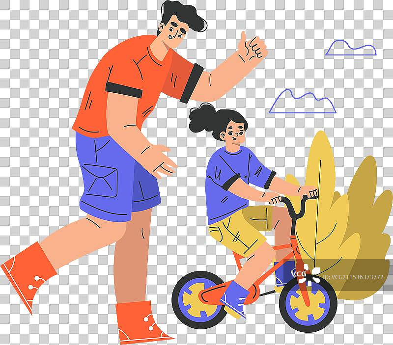 父亲与女儿一起教骑自行车，享受快乐时光图片素材