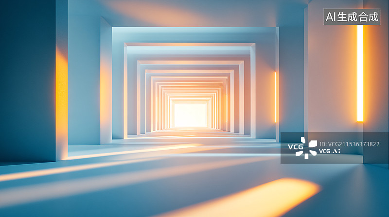 【AI数字艺术】宁静而现代的室内场景，蓝色和白色墙壁柱子，阳光投射出长长的阴影，增强了空间感和神秘氛围图片素材