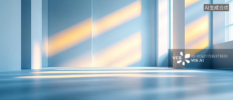 【AI数字艺术】宁静而现代的室内场景，蓝色和白色墙壁柱子，阳光投射出长长的阴影，增强了空间感和神秘氛围图片素材