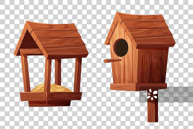 木制鸟食器和带屋顶的鸟屋图片素材