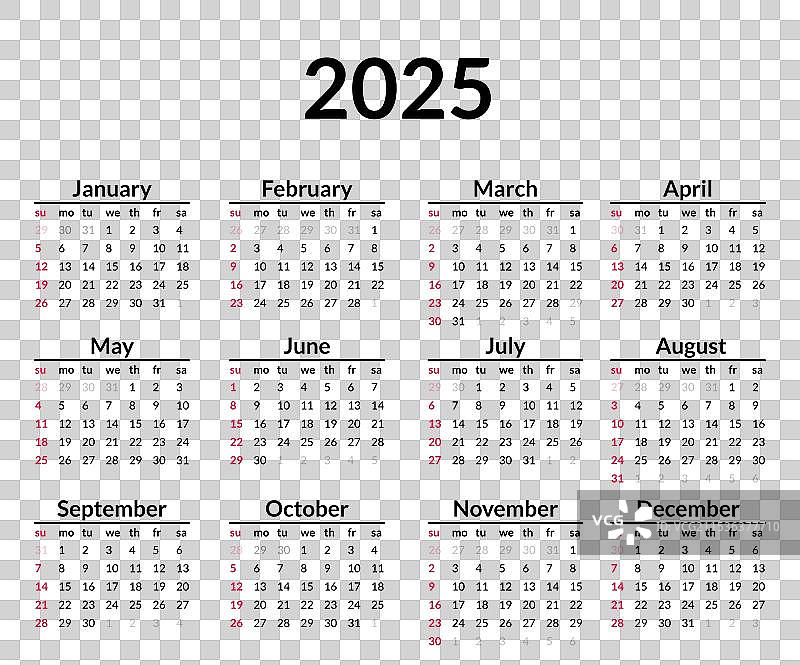 2025年日历周从星期天开始，简单明了图片素材