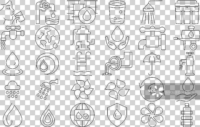 水龙头、储水箱、过滤器、玻璃和水滴图标图片素材