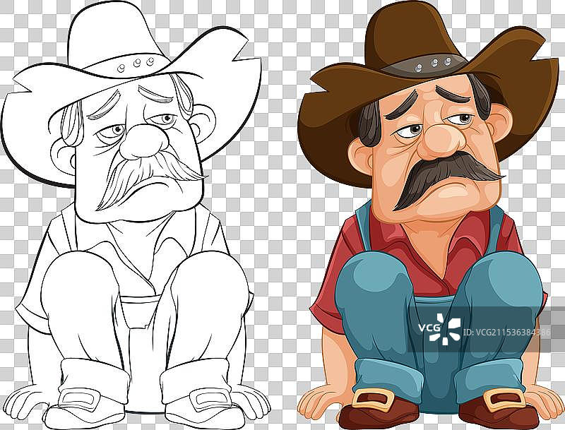 两个卡通牛仔坐着，若有所思图片素材