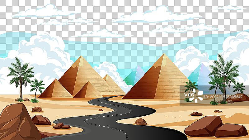 穿越沙漠的蜿蜒道路，远处有金字塔和图片素材