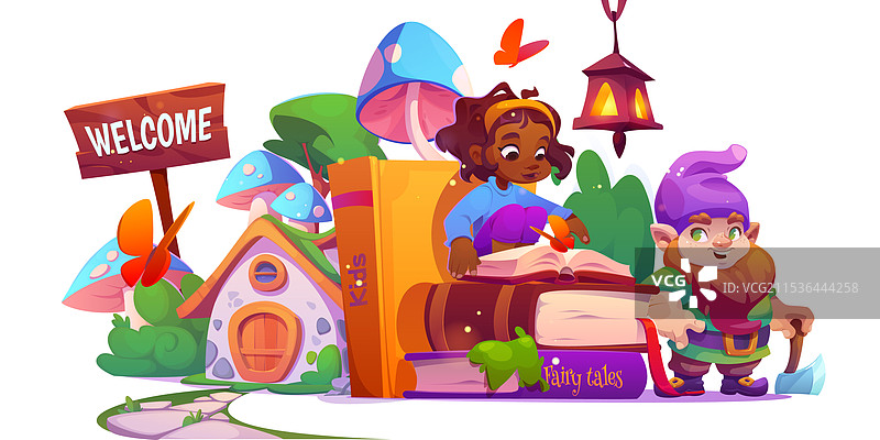 女孩在阅读一本关于小矮人的故事书图片素材