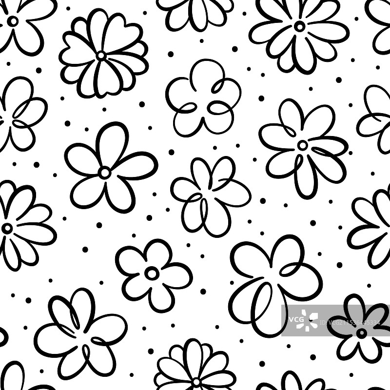 黑色墨水涂鸦图案，无缝重复的雏菊花朵图片素材