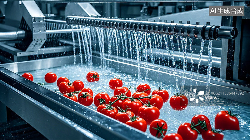 【AI数字艺术】现代化食品加工厂蔬菜清洗流水线上的蔬菜图片素材