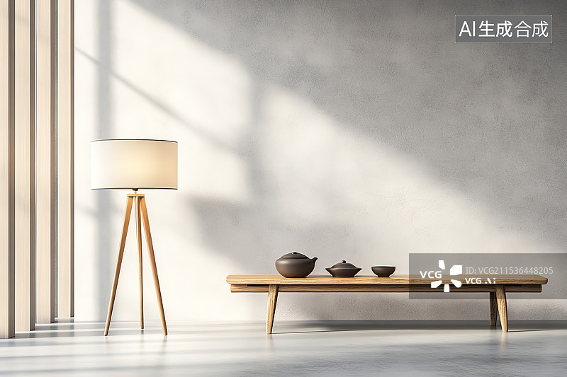 【AI数字艺术】中式禅意风格木茶几和茶具室内空间图片素材
