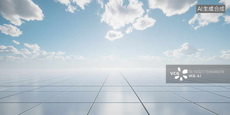 【AI数字艺术】蓝天白云背景下干净的砖路延伸向远方图片素材