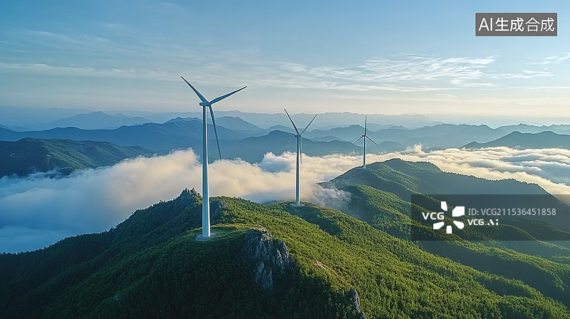 【AI数字艺术】高山山顶上的风力发电机航拍风光图片素材