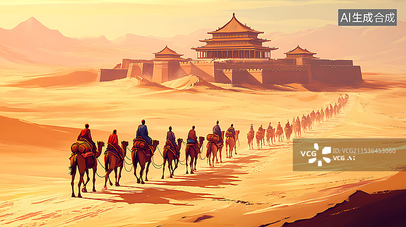 【AI数字艺术】沙漠中的骆驼队丝绸之路一带一路概念图片素材