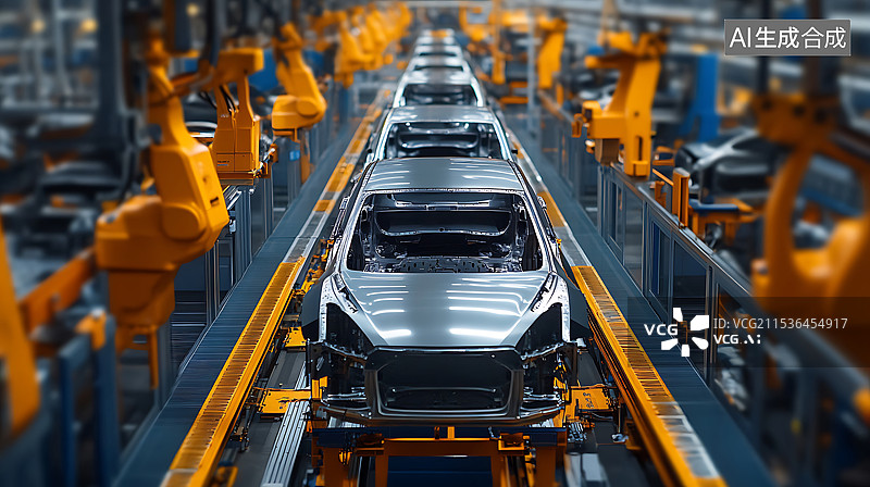 【AI数字艺术】现代化智能汽车工厂里组装的汽车图片素材