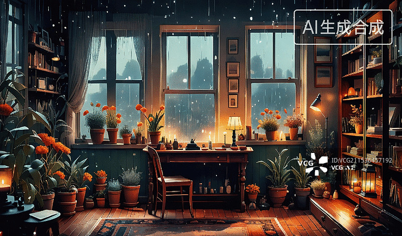 【AI数字艺术】温馨书房图片素材