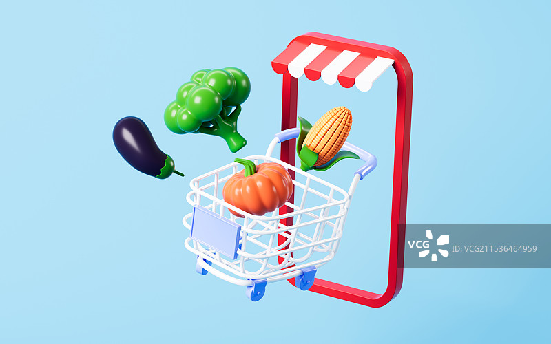 卡通手机网络买菜概念3D渲染图片素材