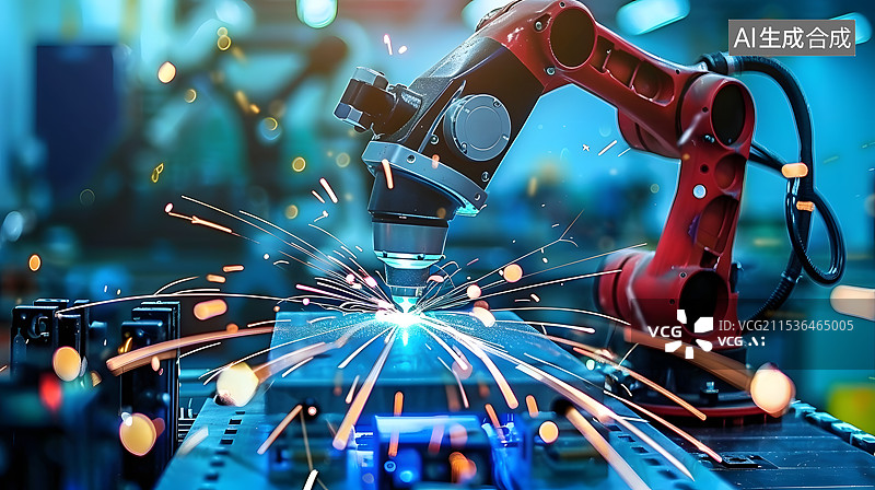 【AI数字艺术】工业机器人在工厂自动焊接火花飞溅图片素材
