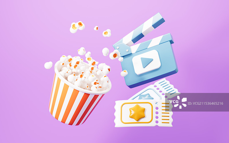 卡通爆米花场记板电影票等看电影概念3D渲染图片素材