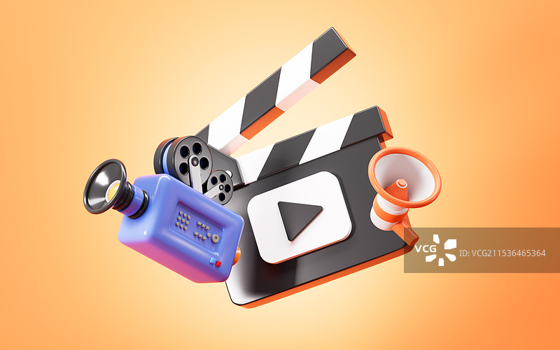 卡通摄影机和场记板电影制作概念3D渲染图片素材