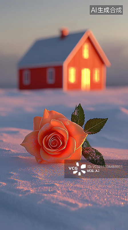 【AI数字艺术】一朵3D渲染的玫瑰在雪地里的冬季雪景景观背景红色小房子圣诞节气小雪大雪立冬艺术装饰画图片素材