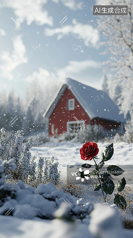 【AI数字艺术】一朵3D渲染的玫瑰在雪地里的冬季雪景景观背景红色小房子圣诞节气小雪大雪立冬艺术装饰画图片素材