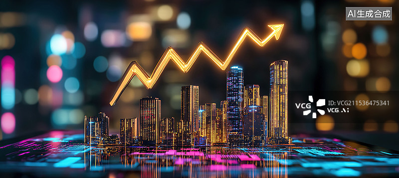 【AI数字艺术】3D微观房地产投资楼盘赛博朋克建筑房价动态变化投资金融背景图片素材