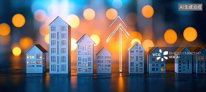 【AI数字艺术】3D微观房地产投资楼盘赛博朋克建筑房价动态变化投资金融背景图片素材