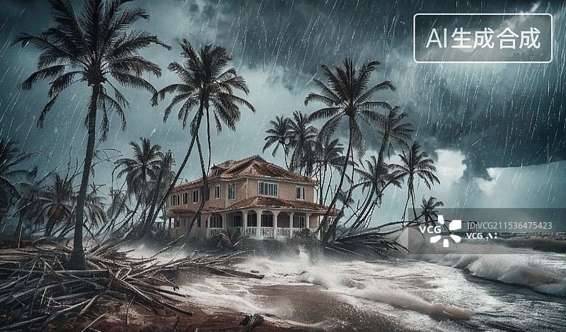 【AI数字艺术】风暴中的海滩别墅图片素材