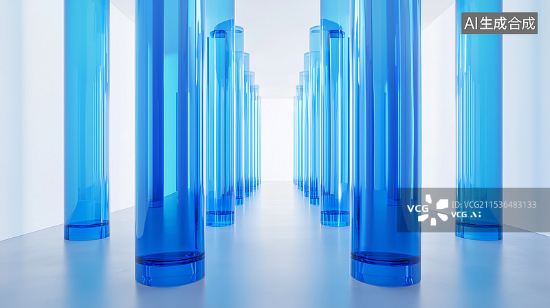 【AI数字艺术】蓝色玻璃圆柱体排列图片素材