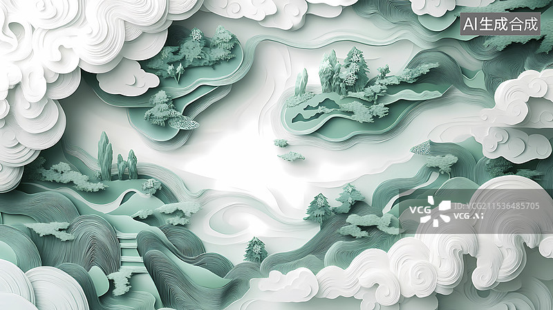 【AI数字艺术】传统绿白色剪纸艺术中国山水海报背景图片素材