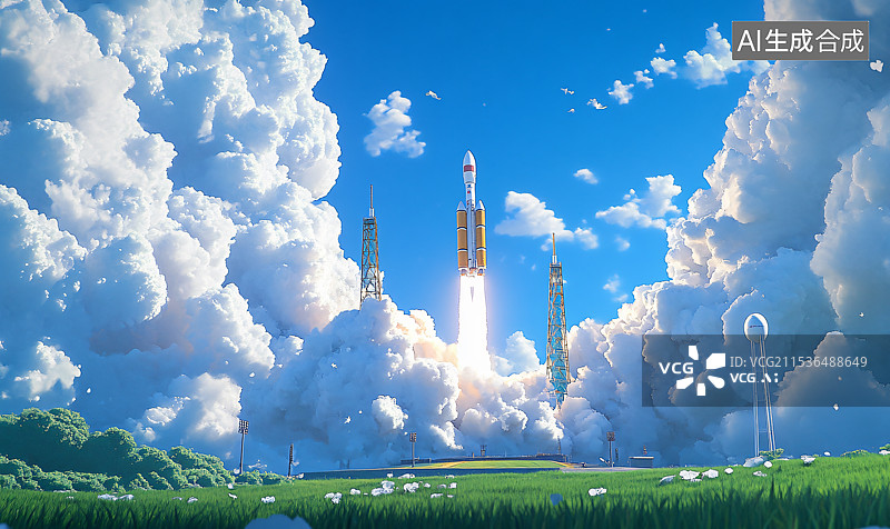 【AI数字艺术】火箭发射的强大瞬间，突破天空，展示了太空探索与技术进步的激动时刻。图片素材