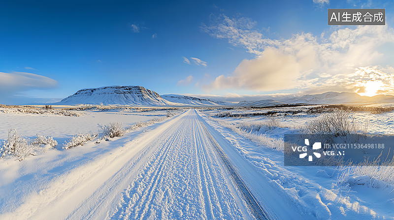 【AI数字艺术】冬天阳光雪山雪地道路背景图片素材