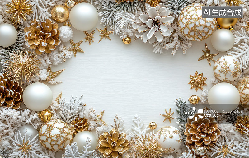 【AI数字艺术】圣诞和新年装饰品俯视图构图，杉树树枝制成的框架，白色背景图片素材