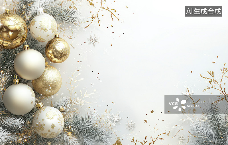 【AI数字艺术】圣诞和新年装饰品俯视图构图，杉树树枝制成的框架，白色背景图片素材