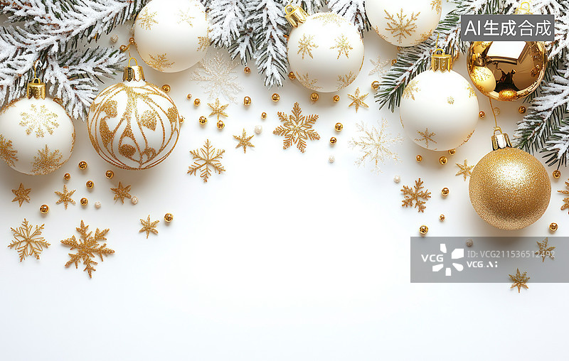 【AI数字艺术】圣诞和新年装饰品俯视图构图，杉树树枝制成的框架，白色背景图片素材