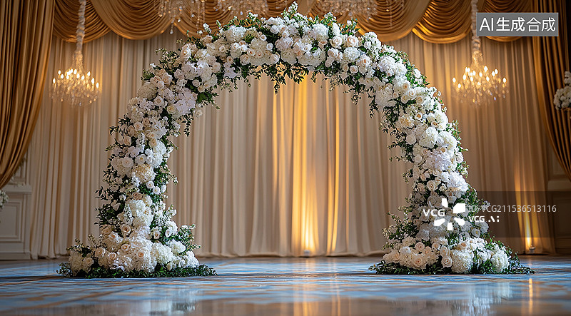 【AI数字艺术】婚礼现场白色帷幕和花朵拱门图片素材