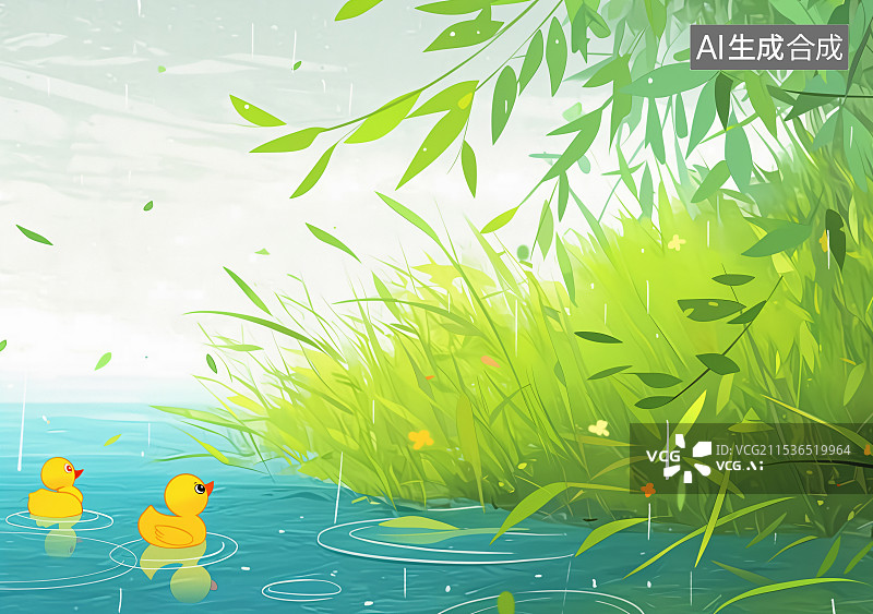 【AI数字艺术】雨水节气插画，绘春雨洒落，滋润万物复苏，清新自然风格，融入水墨元素，展现民俗时节的绿意萌动与润泽图片素材