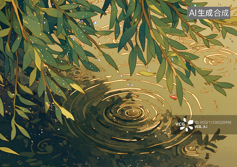 【AI数字艺术】雨水节气插画，绘春雨洒落，滋润万物复苏，清新自然风格，融入水墨元素，展现民俗时节的绿意萌动与润泽图片素材