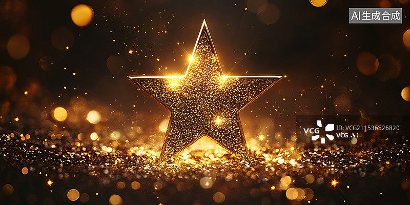 【AI数字艺术】一个3D立体金色五角星在深色背景中闪耀，周围伴有小亮片和光斑，营造出温暖梦幻氛围，美好愿景，唯美质感图片素材