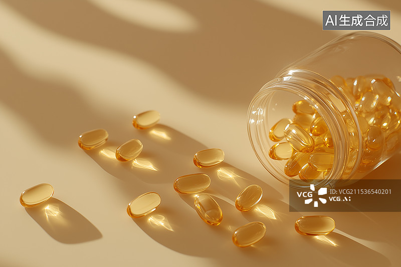 【AI数字艺术】从瓶子里溢出的黄色透明药丸图片素材
