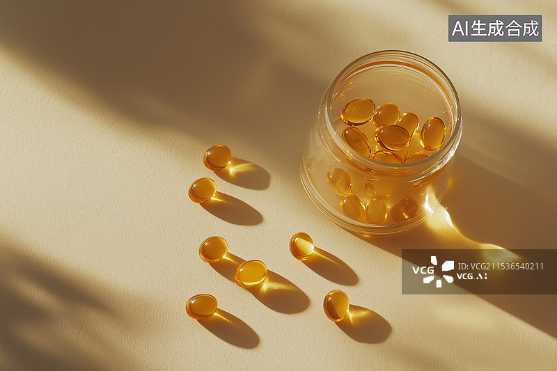 【AI数字艺术】从瓶子里溢出的黄色透明药丸图片素材