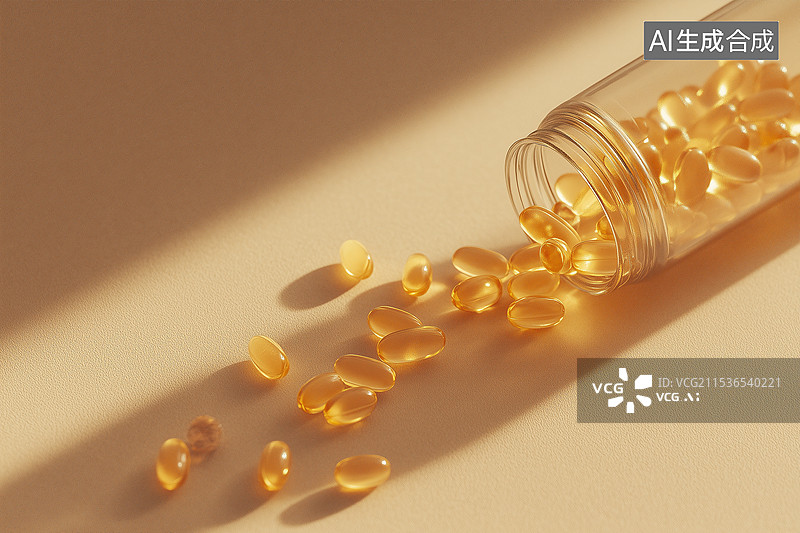 【AI数字艺术】从瓶子里溢出的黄色透明药丸图片素材