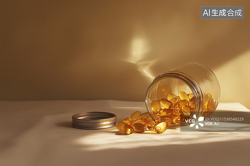 【AI数字艺术】从瓶子里溢出的黄色透明药丸图片素材