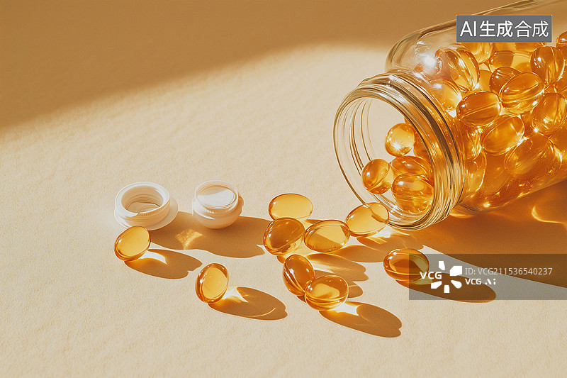 【AI数字艺术】从瓶子里溢出的黄色透明药丸图片素材