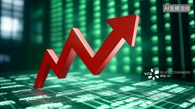 【AI数字艺术】绿色数据背景中一个红色向上的箭头图片素材