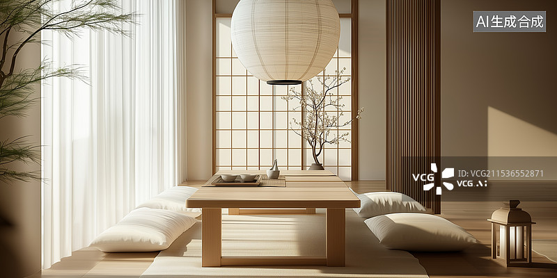 【AI数字艺术】极简中式现代客厅桌子内部场景图片素材