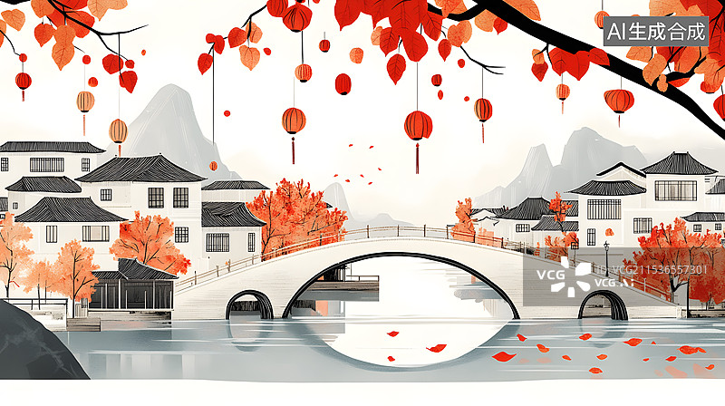 【AI数字艺术】中国风秋天古镇插画图片素材