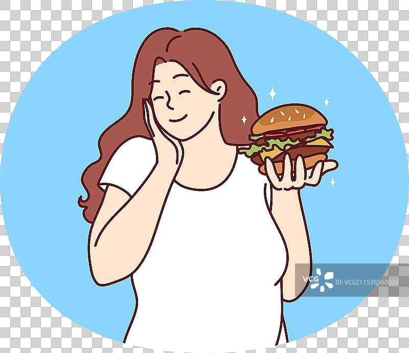 微笑的胖女人与汉堡图片素材